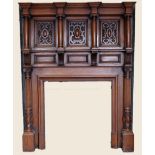 Edwardian quality carved oak large fireplace, with columns to the front, height 230cm ( 7ft 6inch)