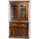 Late Victorian burr walnut two piece two door bookcase, height 219cm x width 120cm