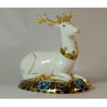 Royal Crown Derby paperweight of a white hart from the heraldic beast series with a gold stopper,