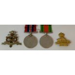 second world war defence and victory medals, North Staffordshire & C.A.P.C Canadian Cap badges (4)