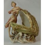 Large Early Royal Dux Figure of a Sea Nymph perched on a clam shell, Pink triangle mark to base and