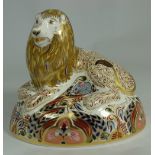 Royal Crown Derby paperweight Lion on base, gold stopper