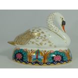 Royal Crown Derby paperweight of a swan with gold stopper (boxed)