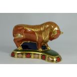 Royal Crown Derby paperweight of a Harrods Bull limited edition of 400 with gold stopper (boxed)