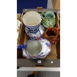 A collection of pottery to include Victorian large Jug and Tray, embossed woods treacle glazed jug,