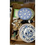 A collecttion of pottery including Wedgwood jasper ware and calendar plates, Border collie dog,