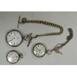 3 silver pocket watches and chains