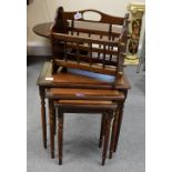 Reproduction leather topped nest of tables and a oak magazine rack(2)