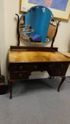 Walnut 1930s Queen Anne kneehole dressing table with mirror