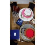 A Collection of pottery and glass to include, Royal Doulton decanters, plates ,