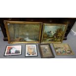 A collection of painting and pictures including oil on board by A O Garland, Prints,