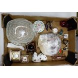 A collection of pottery to include Wedgwood Clio clock & trinket box, Glass Animal paperweights,