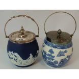 Wedgwood Biscuit barrels comprising dark blue jasper and Blue & white version  (2)