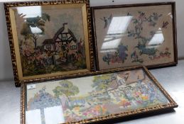 3 old tapestry pictures in gilt frames