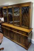 Large Oak Priory Bookcase  4 leaded glass doors with 4 draws and doors below  182 x 182 x 46cm