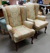 Pair Queen Anne high back armchairs with decorative upholstery (2)