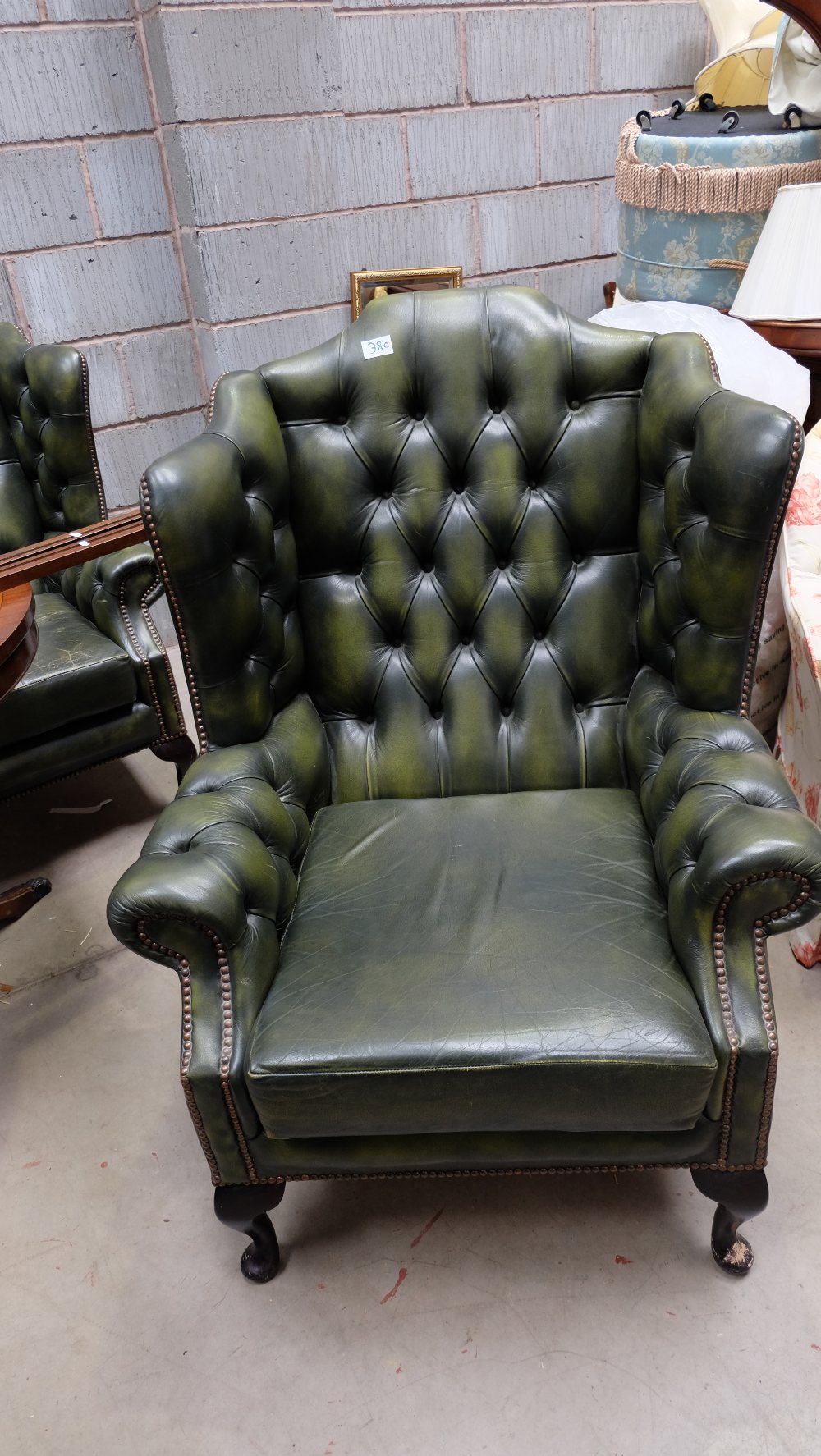 Green Leather high back Chesterfield style armchair on Queen Anne legs