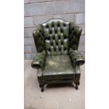 Green Leather high back Chesterfield style armchair on Queen Anne legs