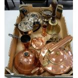A collection of metal wares including silver plated tea set, copper kettle,