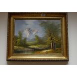 Oil painting of landscape signed by R Scott in gilt frame