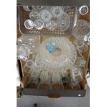 A collection of glassware including Crystal candlestick, decanters,