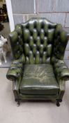 Green Leather high back Chesterfield style armchair on Queen Anne legs