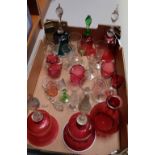 A collection of Victorian Glass including Cranberry Jugs, Decanters,