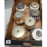 A collection of old biscuit barrels with silver plated mounts including Old Hall,