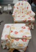 Upholstered armchair with stool and matching table covers  (3)