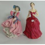 Royal Doulton figures Innocence HN2842 and Top O The Hill HN1849 in pink (2)