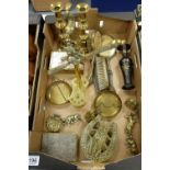 A good collection of Victorian brass ware to include set balance scales with weights,