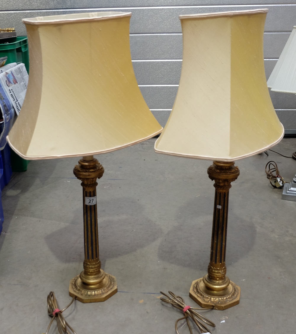 pair wood gilt column lamps bases with shades (2)