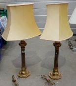 pair wood gilt column lamps bases with shades (2)