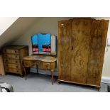 1930's Walnut Three Piece Bedroom Suite comprising of a single wardrobe,