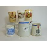 A collection of local commemorative mugs including 1902 Rudyard festival,