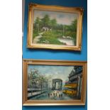 Oil painting on canvass Paris scene signed Simon and another oil painting on canvass,