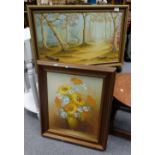 Oil painting of woodland scene by M Allen 1982 in frame and a oil painting Still Life in frame  (2)