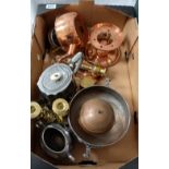 A collection of old metalware including copper,