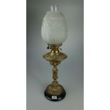 Edwardian brass duplex oil lamp with glass shade,