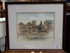 Framed watercolour of a potteries scene signed W Beech