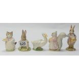 Royal Albert Beatrix Potter figures Goody Tiptoes, Peter with Postbag, Benjamin sat on a Bank,