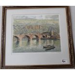 Framed signed painting of continental river scene