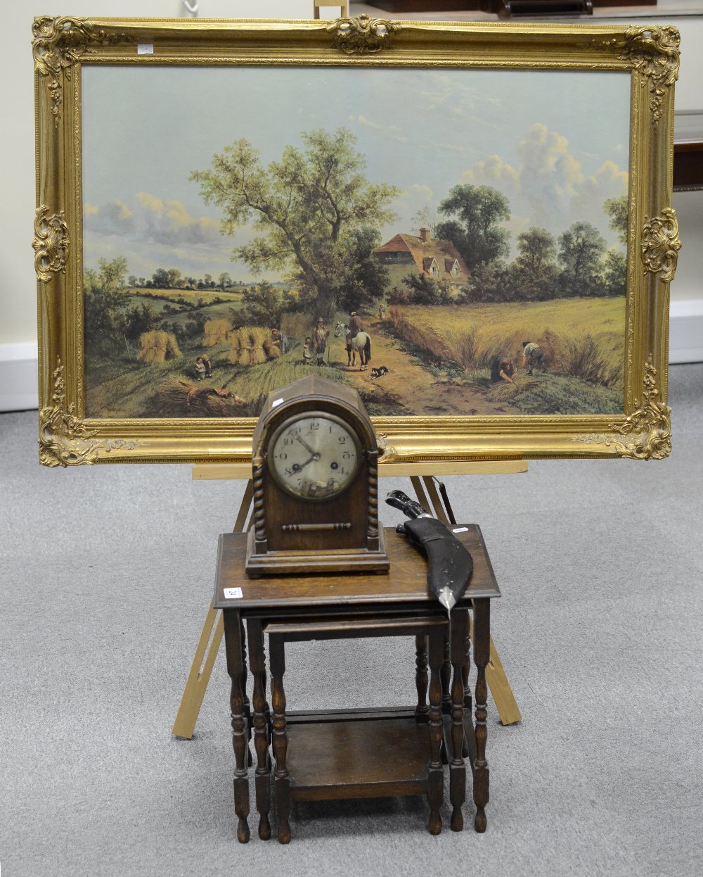 Dark oak nest for three tables and mantel clock,