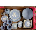 A collection of Wedgwood jasper ware including American universities decorated fruit bowl,