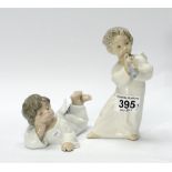 Lladro figures of Angel Reclining and Angel with flute (2)