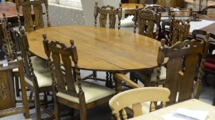 Large Reproduction Oak drop leaf Wake table and 8 high back twisted column chairs including two