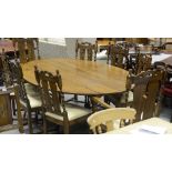 Large Reproduction Oak drop leaf Wake table and 8 high back twisted column chairs including two