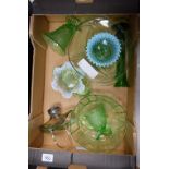 A collection of green decrative art glass to include platters , bowls,