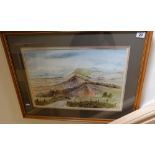 An unsigned framed watercolour of a landscape view showing Macclesfield