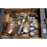 Collection of metal ware items to include 2 Eccles Type SL miners lamps, copper kettle,